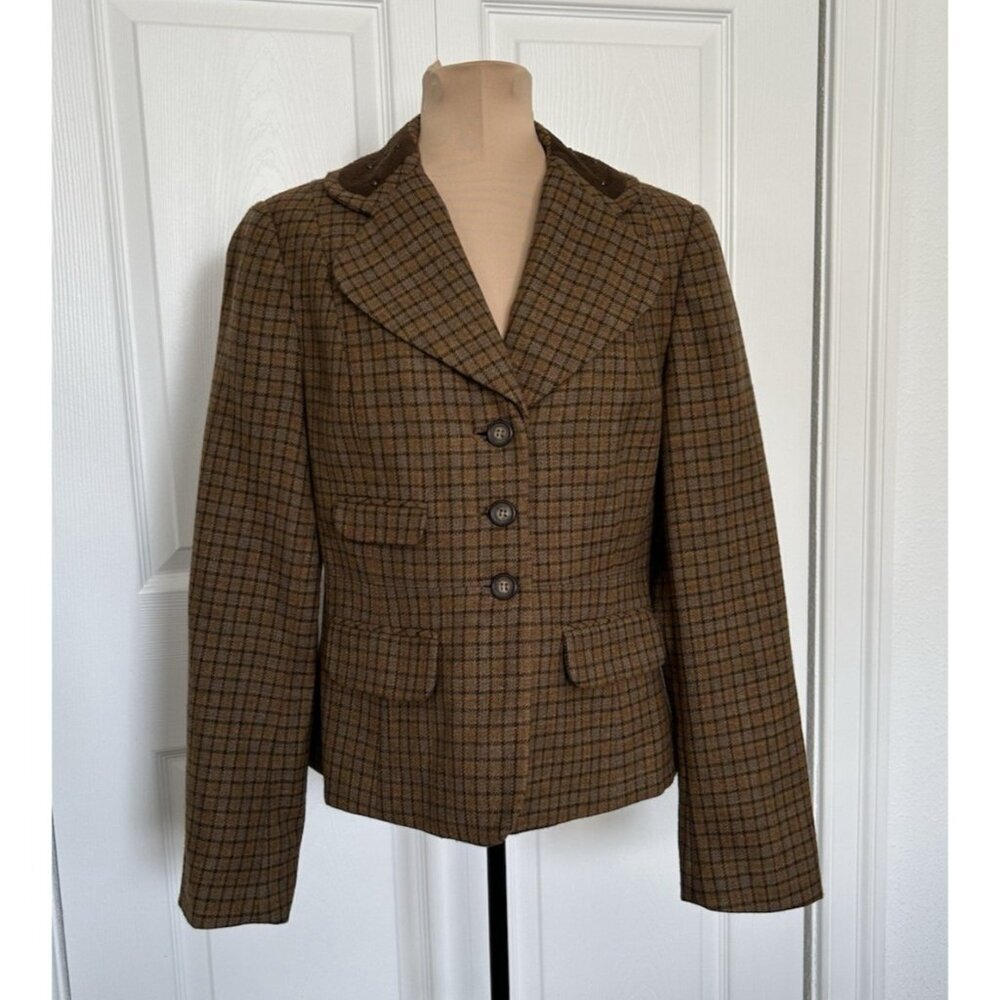 Sundance Catalog Wool Riding Jacket Blazer Brown Plaid Western Stud Collar Sz 6